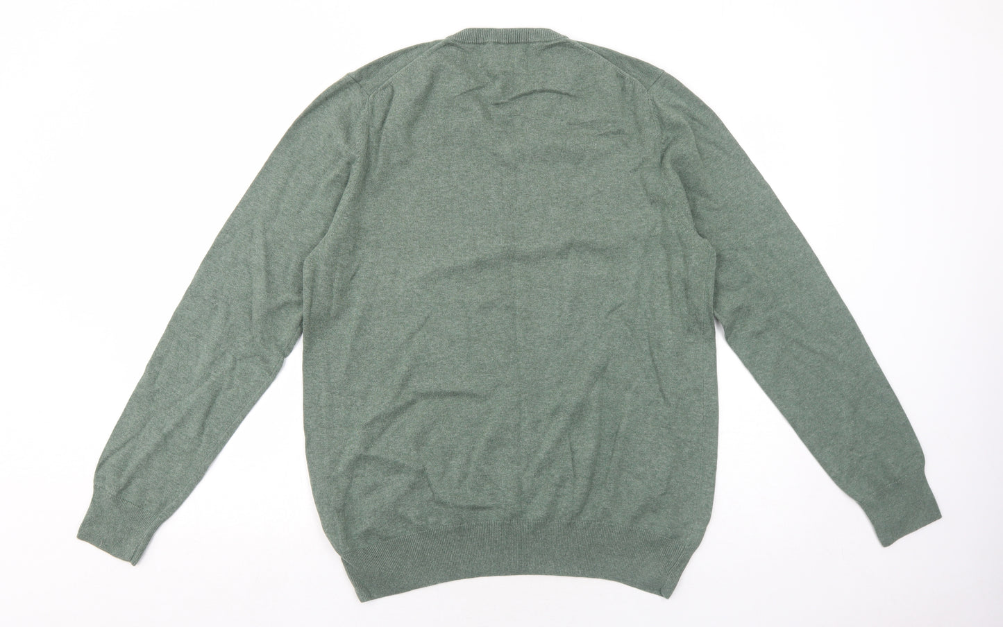 Marks and Spencer Mens Green V-Neck Cotton Pullover Jumper Size L Long Sleeve