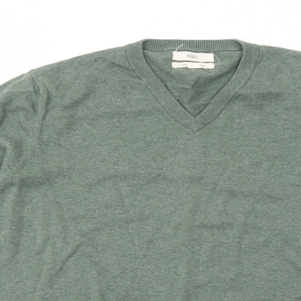 Marks and Spencer Mens Green V-Neck Cotton Pullover Jumper Size L Long Sleeve