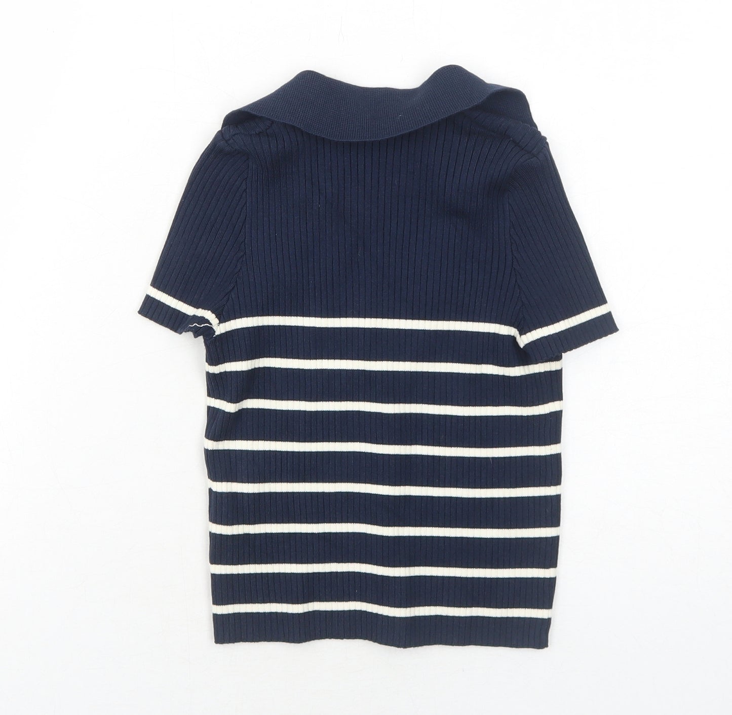 Bershka Womens Blue Striped Viscose Basic Button-Up Size S V-Neck