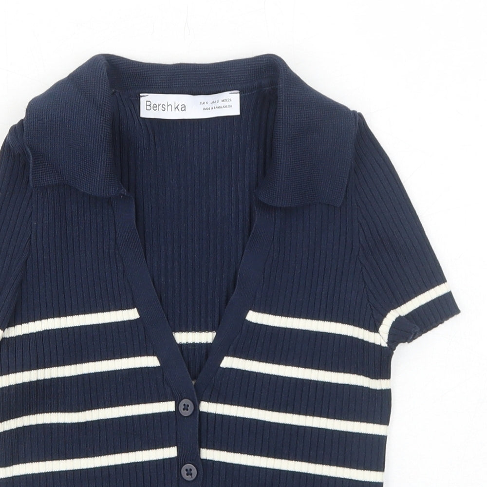 Bershka Womens Blue Striped Viscose Basic Button-Up Size S V-Neck