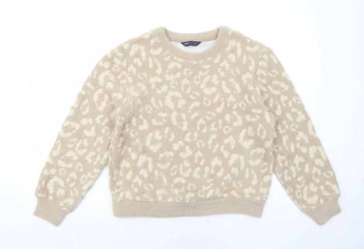 Marks and Spencer Womens Beige Round Neck Animal Print Polyamide Pullover Jumper Size XS - Leopard Pattern
