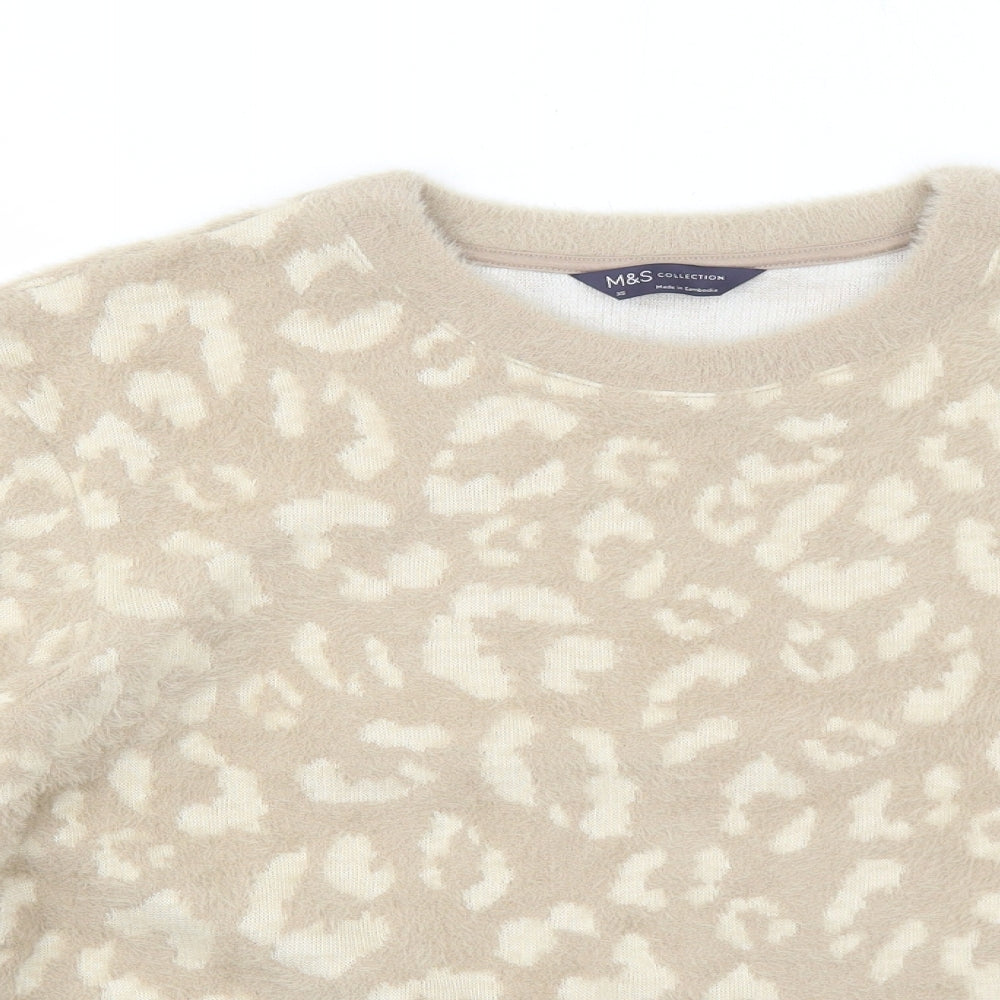 Marks and Spencer Womens Beige Round Neck Animal Print Polyamide Pullover Jumper Size XS - Leopard Pattern