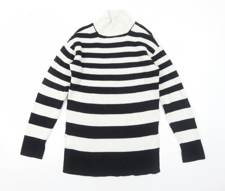 Marks and Spencer Womens Black High Neck Striped Cotton Pullover Jumper Size XS - Ribbed