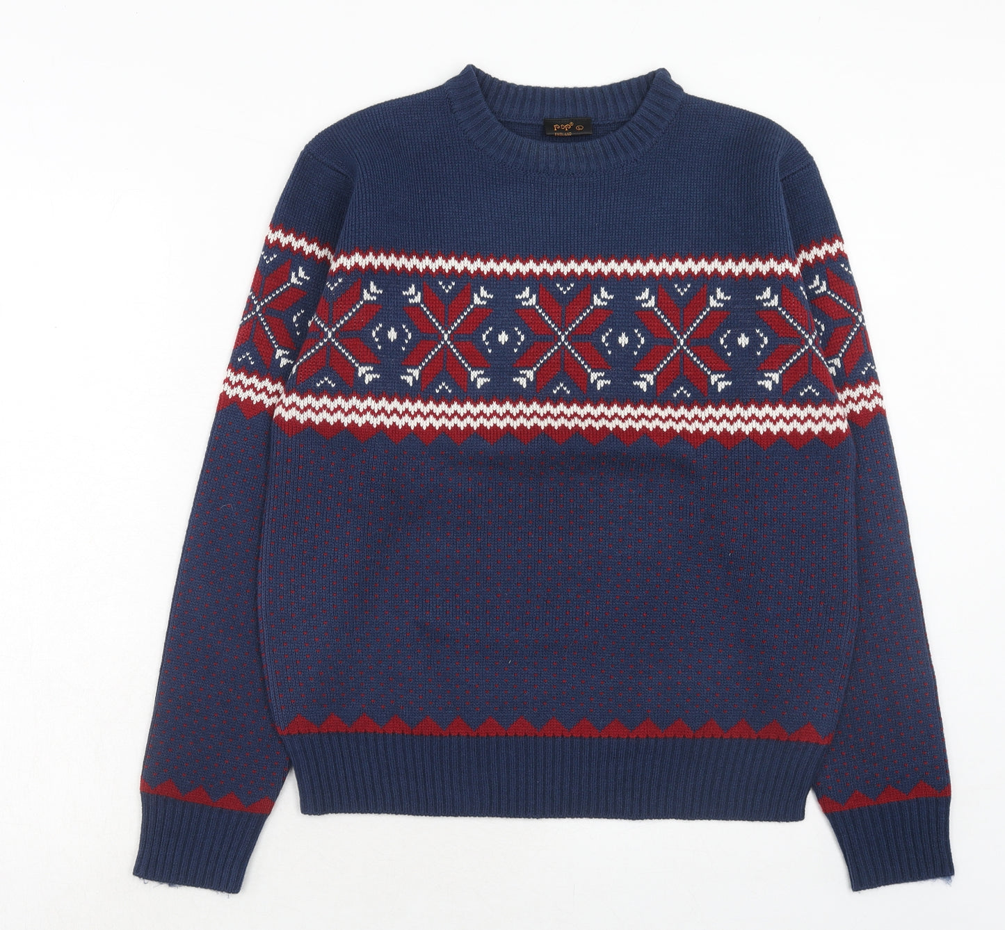 POP Mens Blue Round Neck Geometric Wool Pullover Jumper Size L Long Sleeve