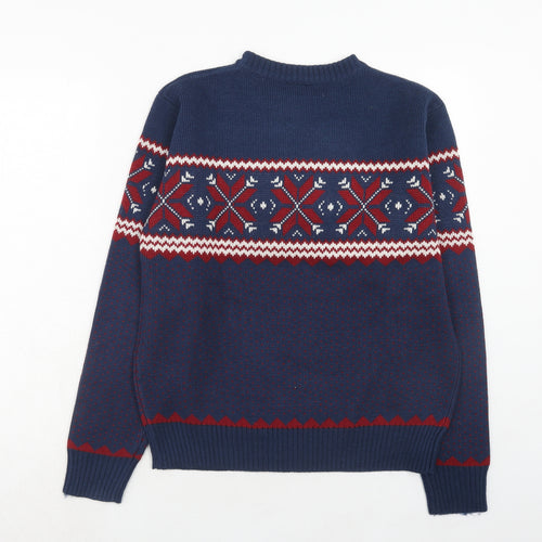 POP Mens Blue Round Neck Geometric Wool Pullover Jumper Size L Long Sleeve