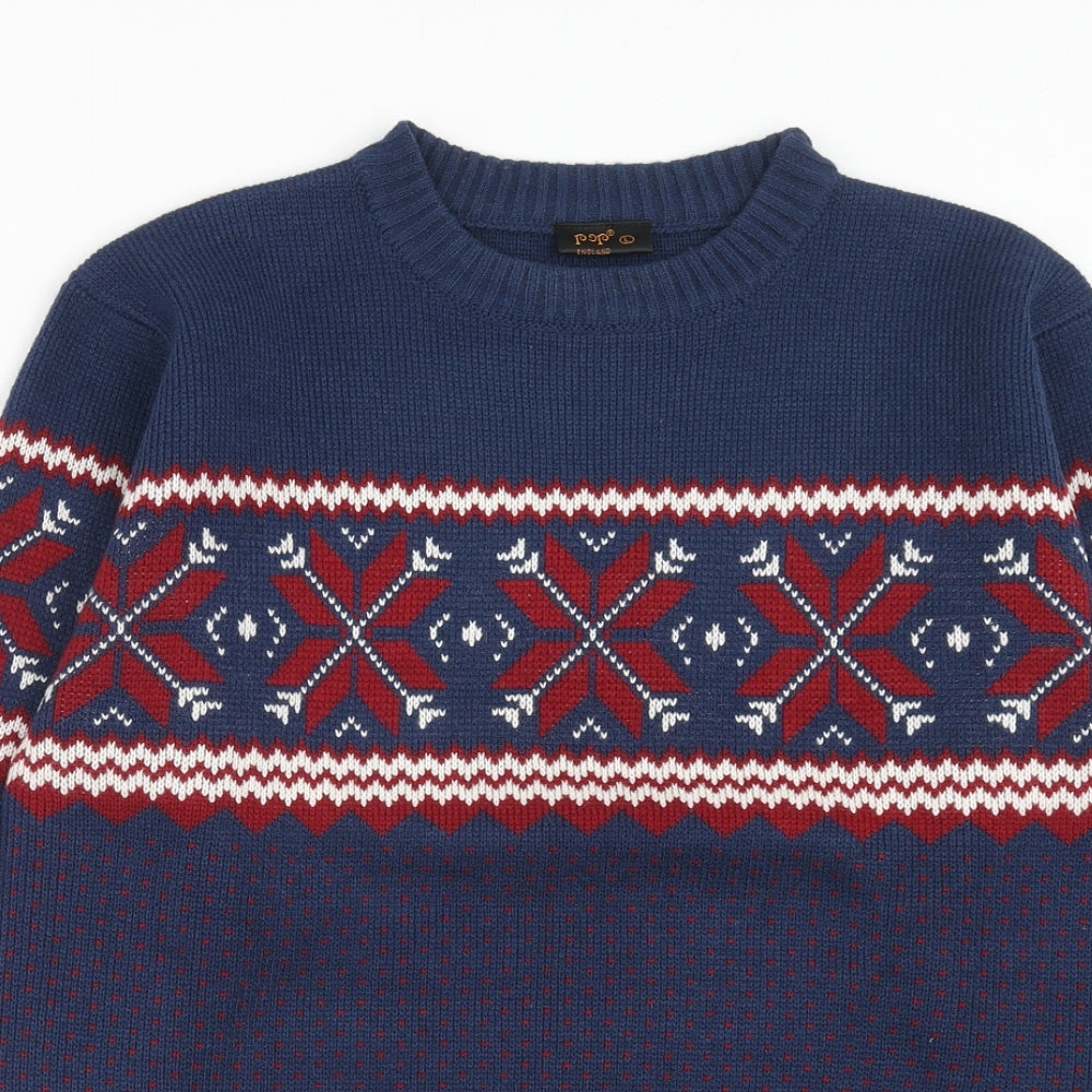 POP Mens Blue Round Neck Geometric Wool Pullover Jumper Size L Long Sleeve