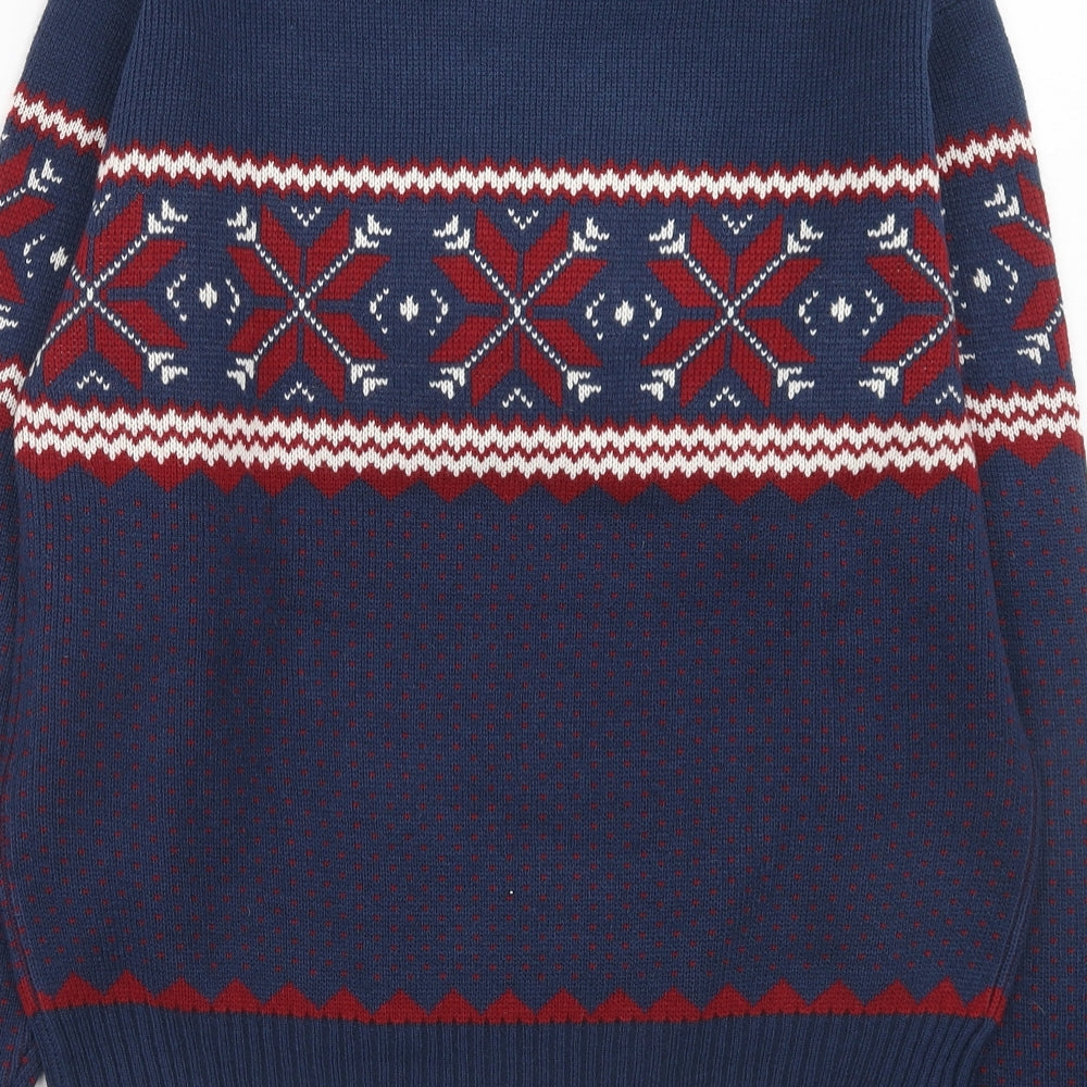 POP Mens Blue Round Neck Geometric Wool Pullover Jumper Size L Long Sleeve