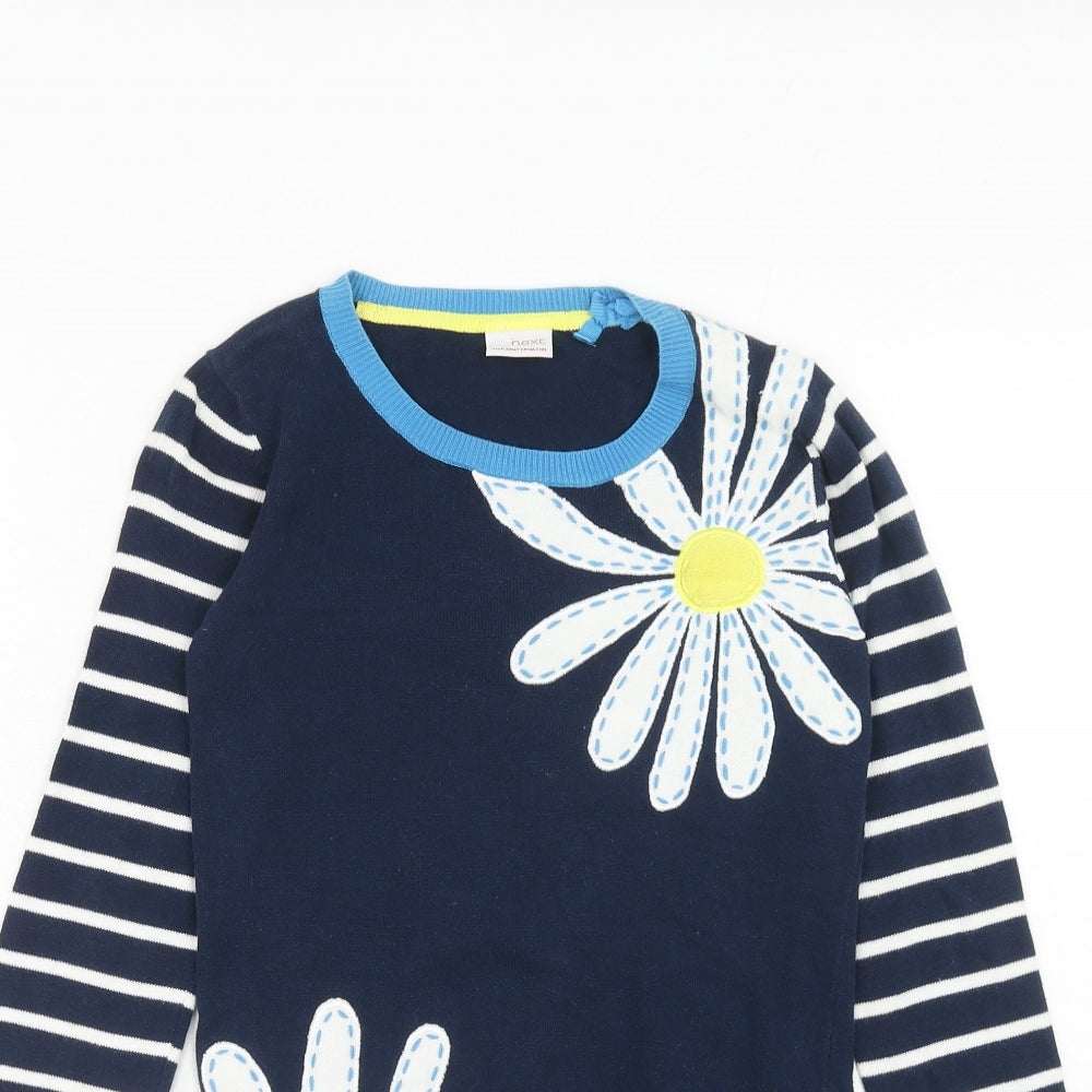 NEXT Girls Blue Round Neck Striped Cotton Pullover Jumper Size 7-8 Years Pullover - Daisy Print