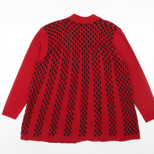 Lizz Clarke Womens Red V-Neck Geometric Acrylic Cardigan Jumper Size S