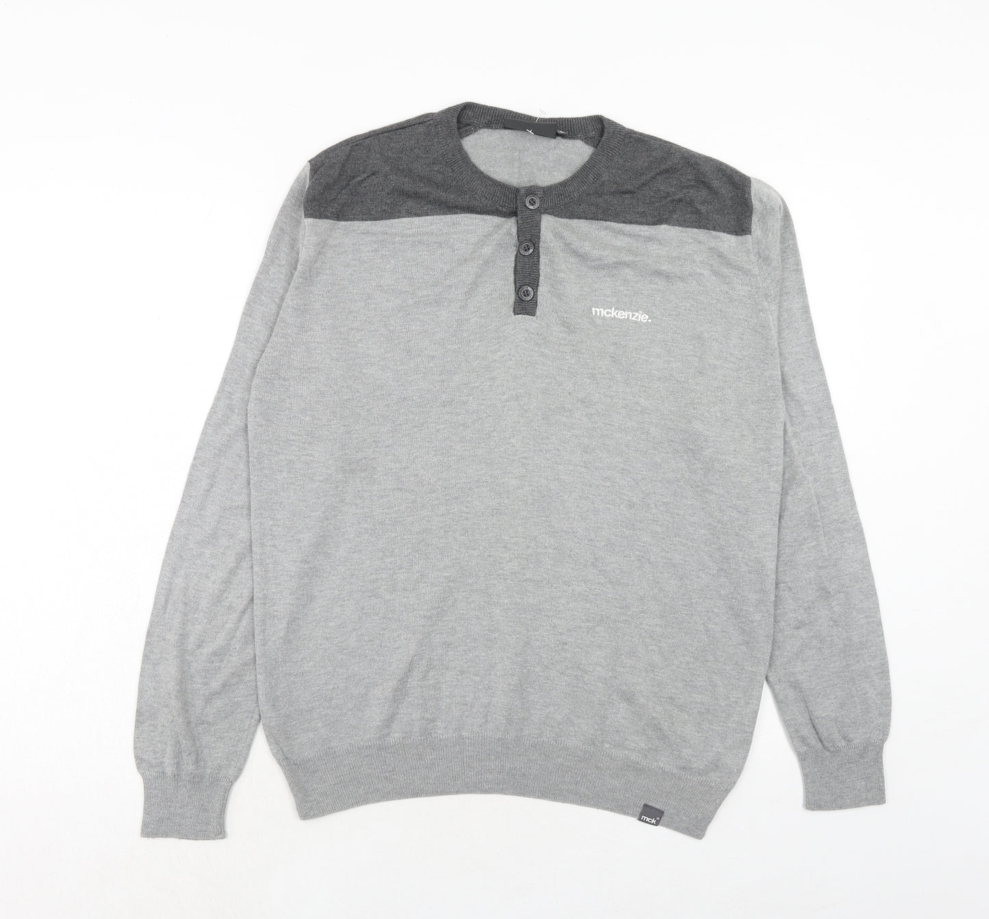 McKenzie Mens Grey Round Neck Cotton Pullover Jumper Size L Long Sleeve