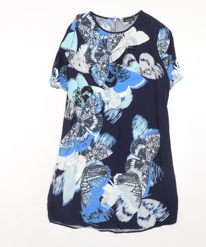 Warehouse Womens Blue Geometric Viscose T-Shirt Dress Size 12 Round Neck Zip