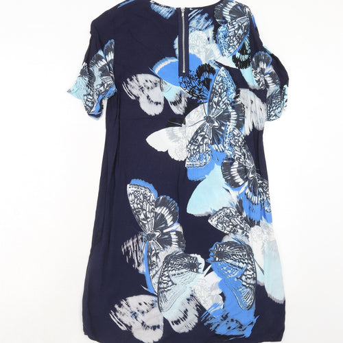 Warehouse Womens Blue Geometric Viscose T-Shirt Dress Size 12 Round Neck Zip