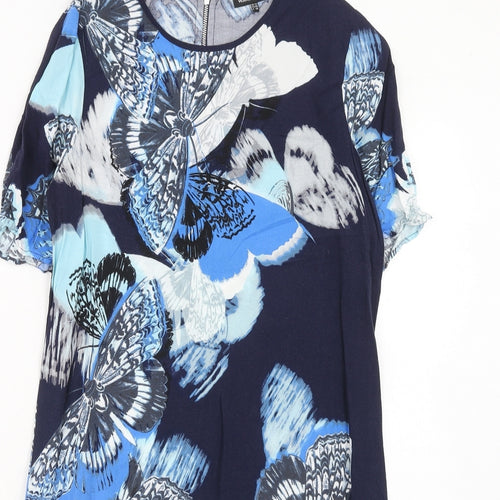Warehouse Womens Blue Geometric Viscose T-Shirt Dress Size 12 Round Neck Zip