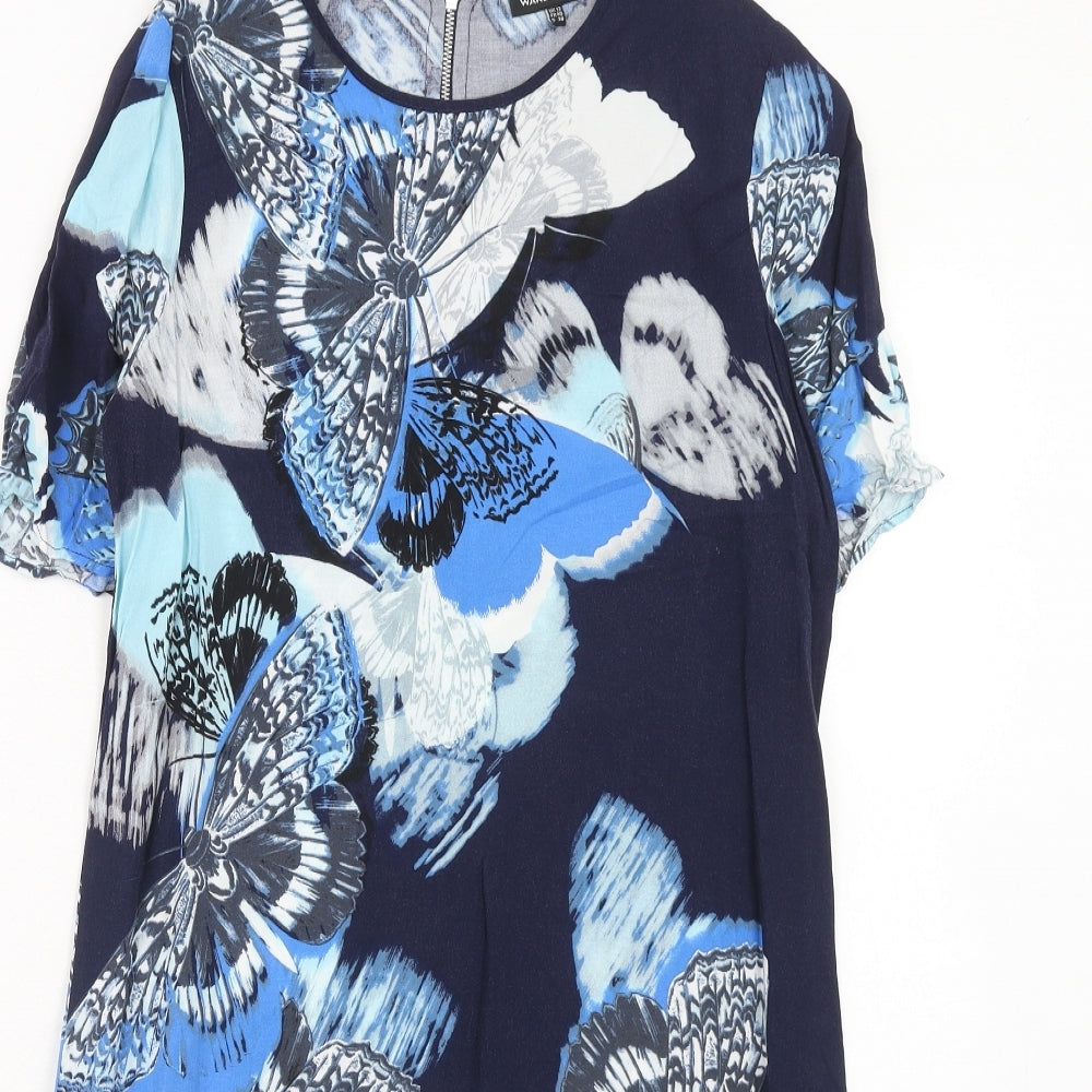 Warehouse Womens Blue Geometric Viscose T-Shirt Dress Size 12 Round Neck Zip