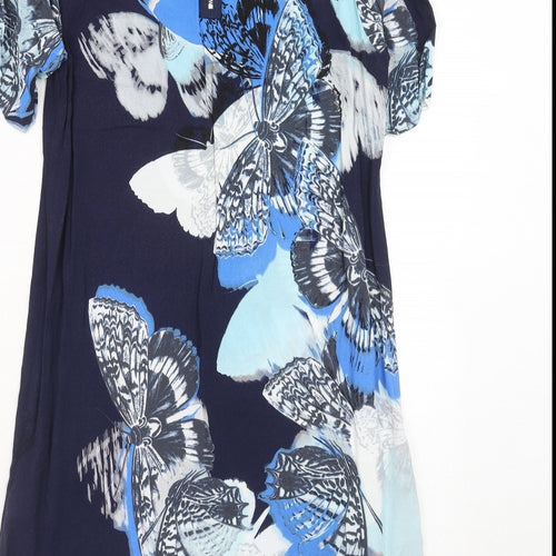 Warehouse Womens Blue Geometric Viscose T-Shirt Dress Size 12 Round Neck Zip