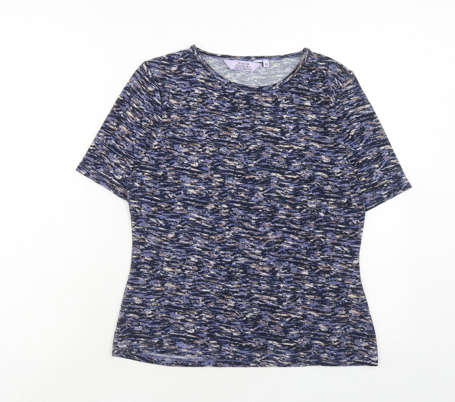 EWM Womens Blue Geometric Polyester Basic T-Shirt Size 10 Round Neck
