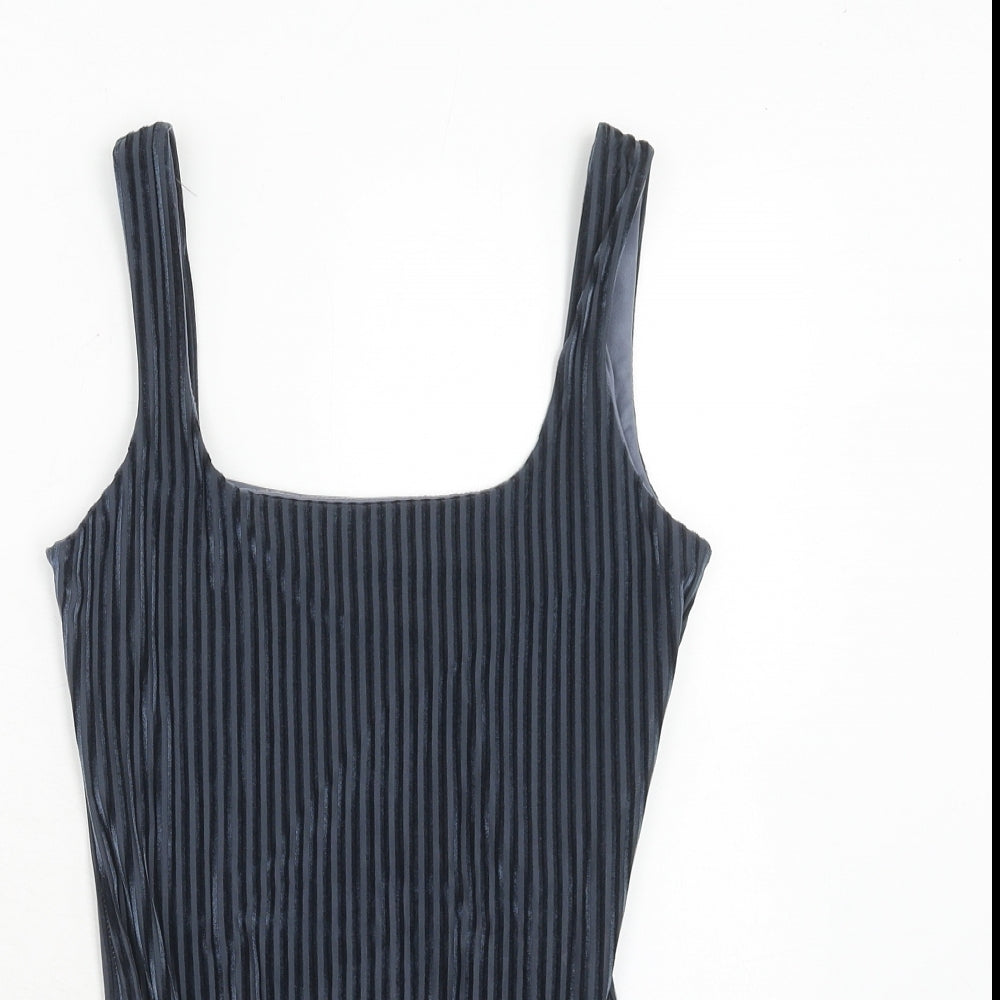 PRETTYLITTLETHING Womens Blue Striped Polyester Bodysuit One-Piece Size 8 Snap