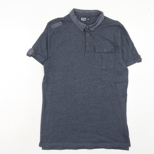 Fabric Mens Blue Cotton Polo Size L Collared Button