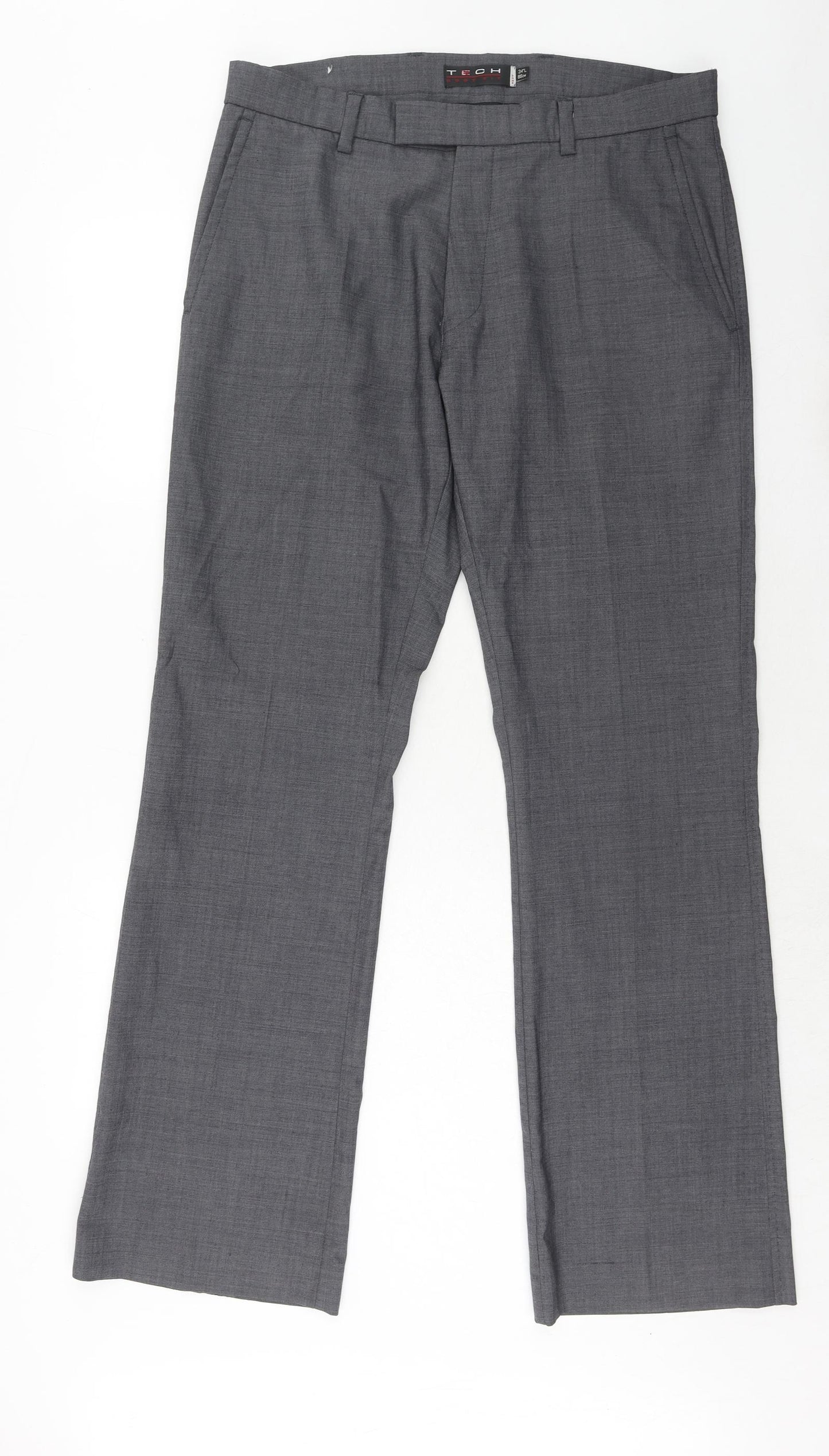 Tech Mens Grey Wool Dress Pants Trousers Size 34 in Regular Hook & Eye