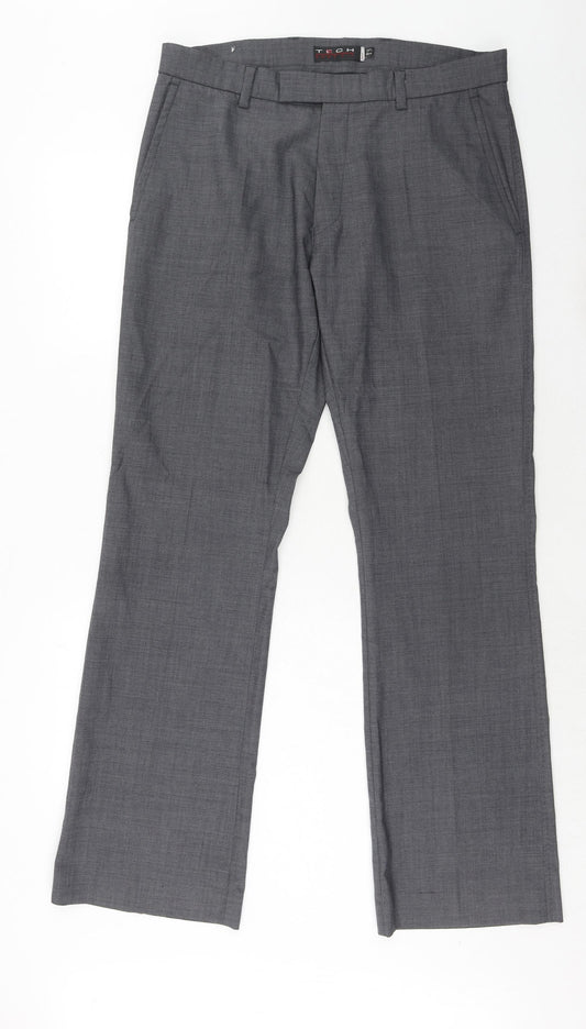 Tech Mens Grey Wool Dress Pants Trousers Size 34 in Regular Hook & Eye