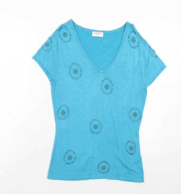 Kaliko Womens Blue V-Neck Geometric Viscose Pullover Jumper Size 10