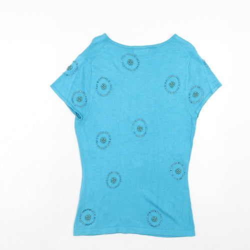 Kaliko Womens Blue V-Neck Geometric Viscose Pullover Jumper Size 10
