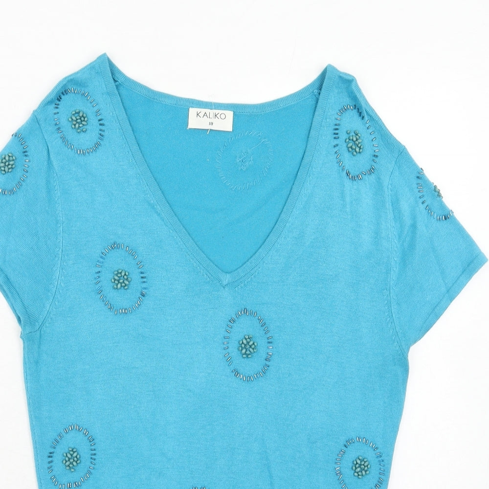 Kaliko Womens Blue V-Neck Geometric Viscose Pullover Jumper Size 10