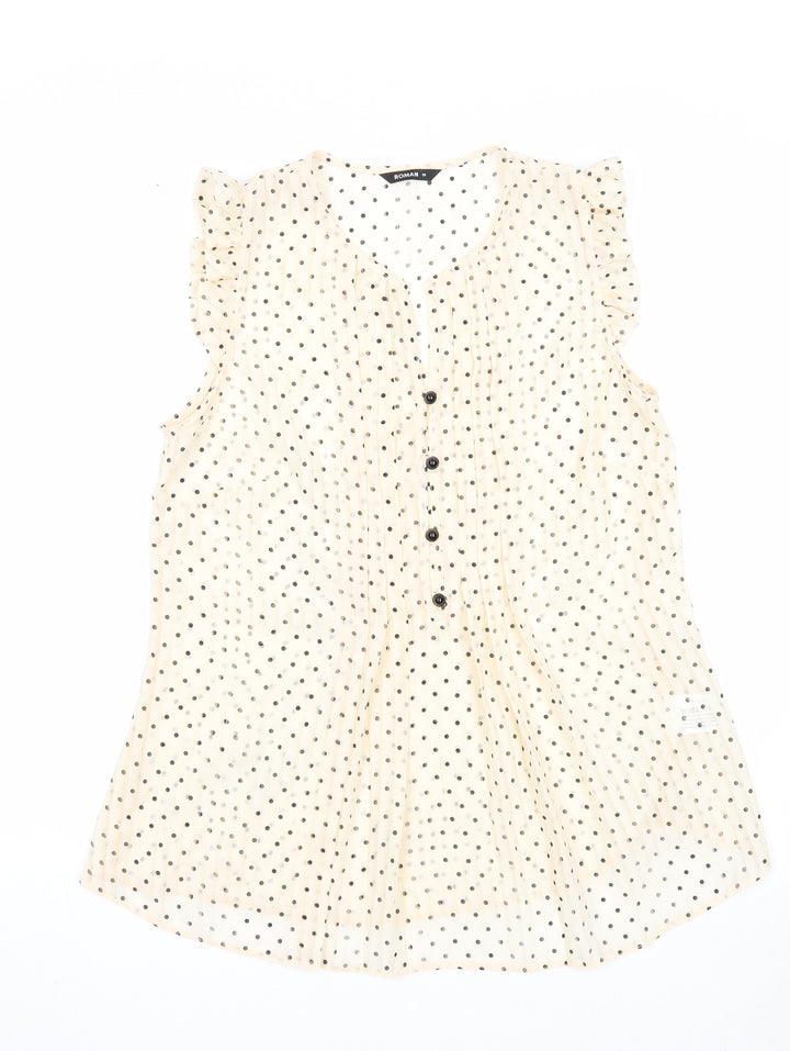 Roman Womens Beige Polka Dot Polyester Basic Button-Up Size 10 V-Neck
