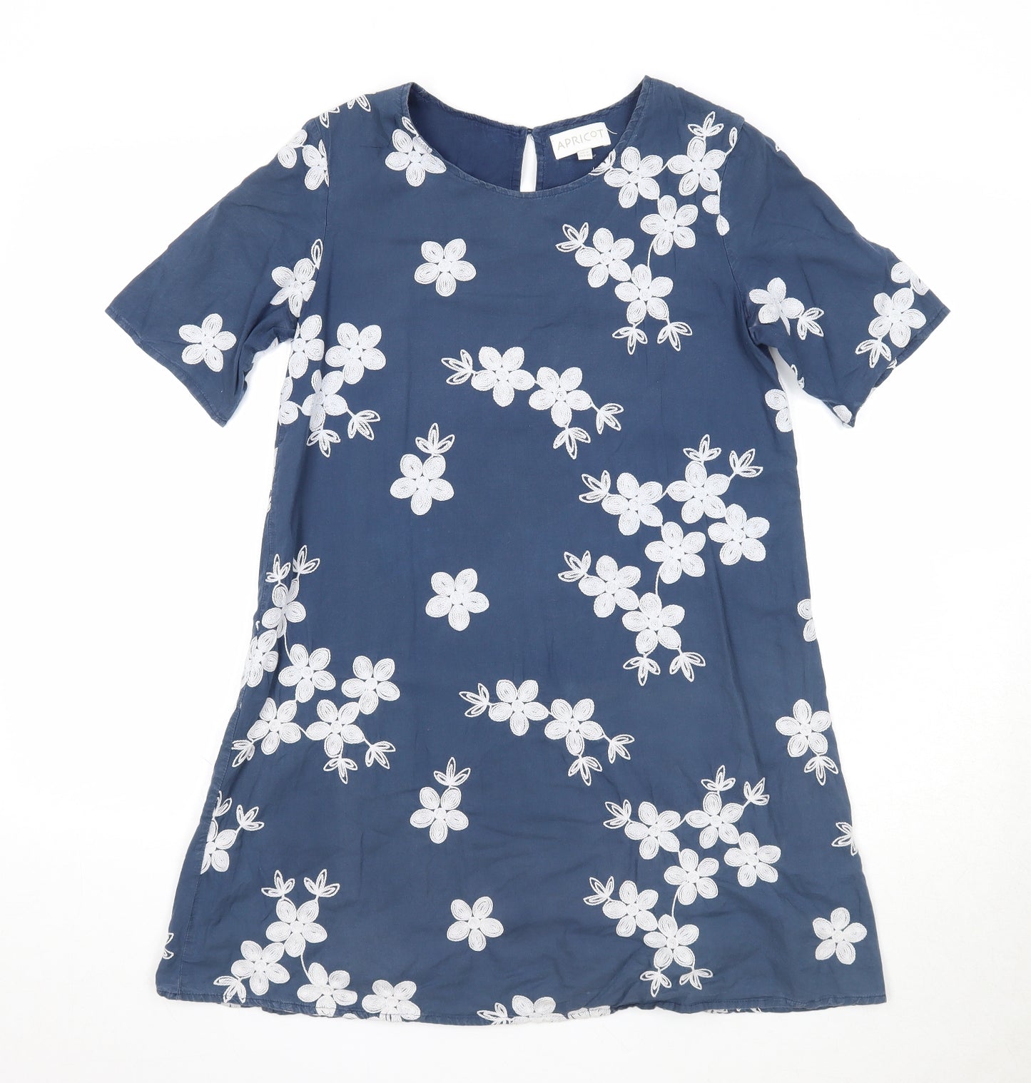 Apricot Womens Blue Floral Cotton T-Shirt Dress Size 8 Round Neck Button