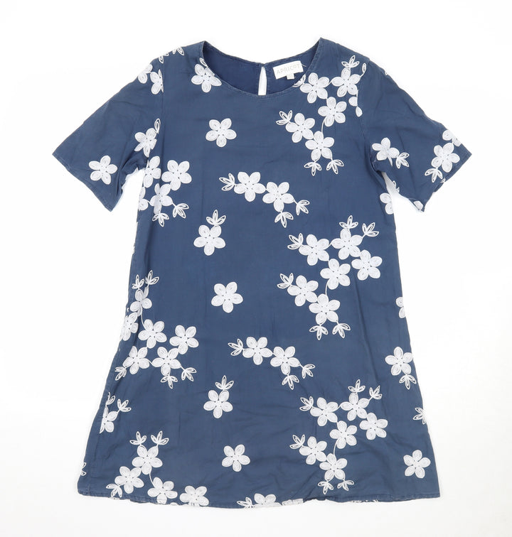 Apricot Womens Blue Floral Cotton T-Shirt Dress Size 8 Round Neck Button