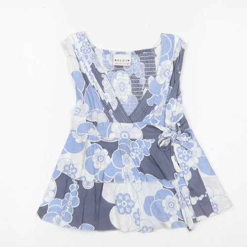 NEXT Girls Blue Geometric Cotton Basic Tank Size 7 Years V-Neck Button