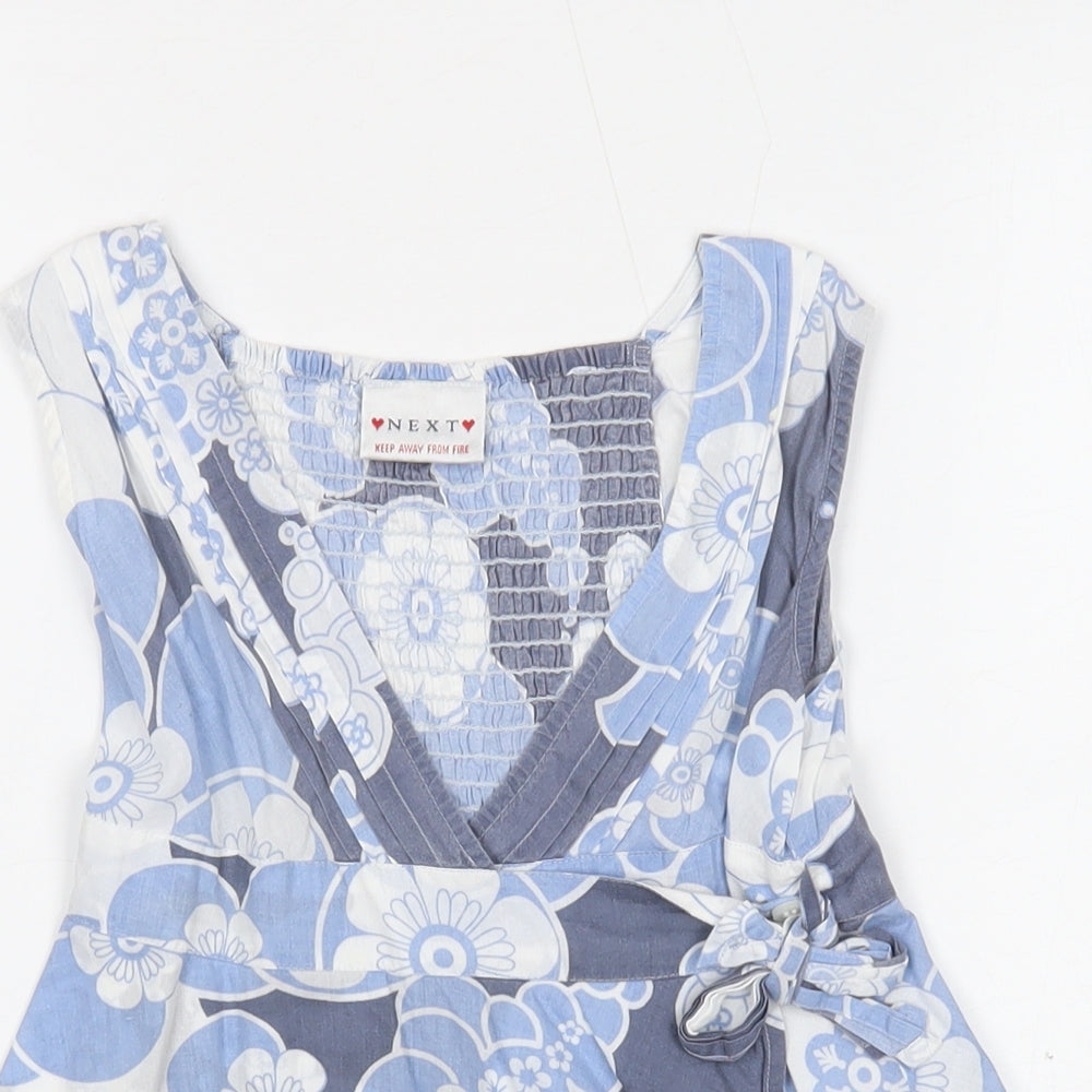 NEXT Girls Blue Geometric Cotton Basic Tank Size 7 Years V-Neck Button