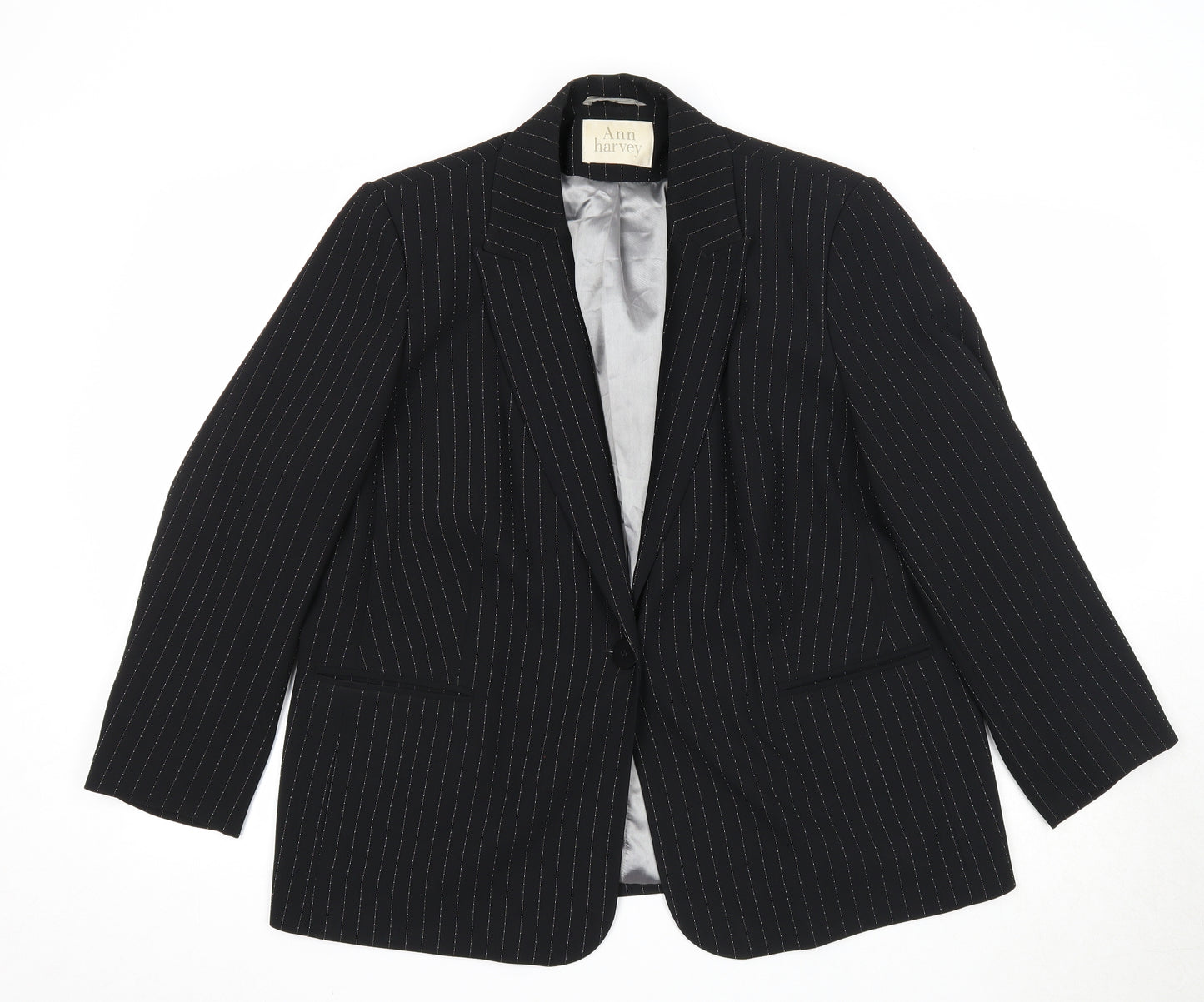 Ann Harvey Womens Black Striped Polyester Jacket Suit Jacket Size 16