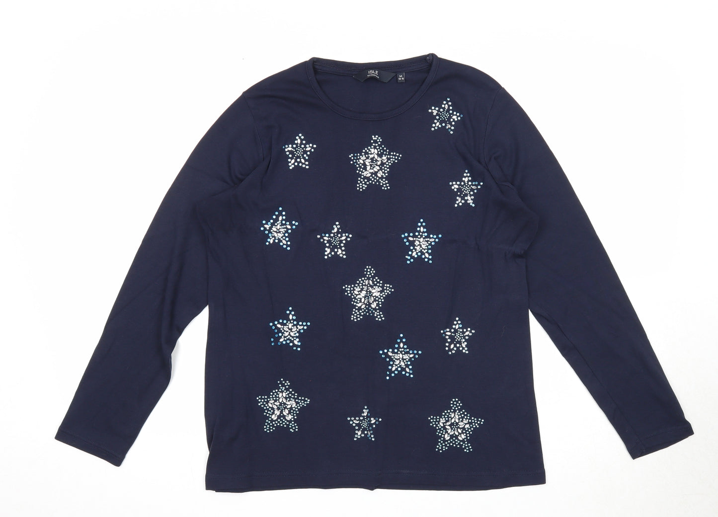 EWM Womens Blue Herringbone Cotton Basic T-Shirt Size 14 Round Neck - Size 14-16, Star Print
