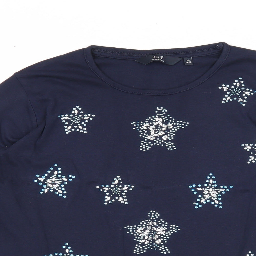 EWM Womens Blue Herringbone Cotton Basic T-Shirt Size 14 Round Neck - Size 14-16, Star Print