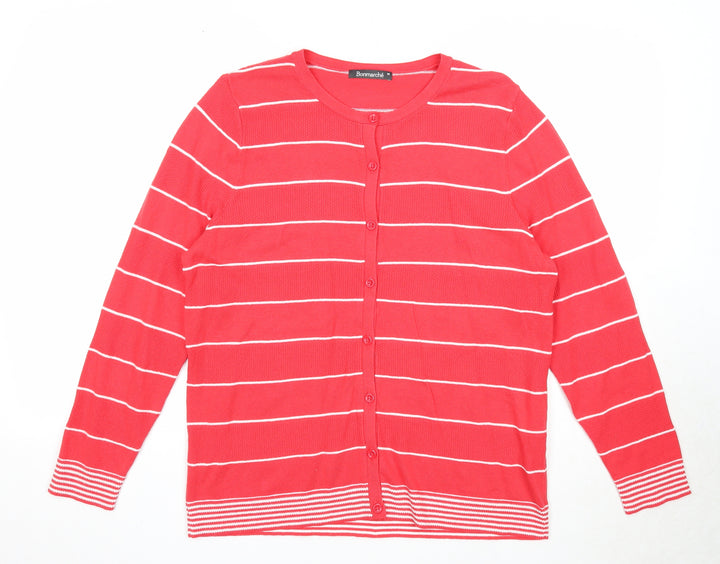 Bonmarché Womens Red Round Neck Striped Cotton Cardigan Jumper Size M