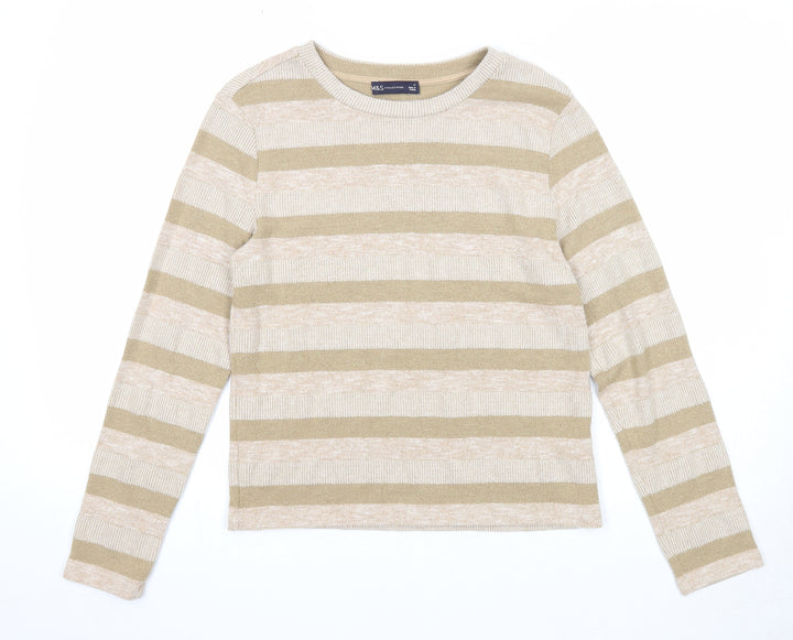 Marks and Spencer Womens Beige Boat Neck Striped Polyester Pullover Jumper Size 12