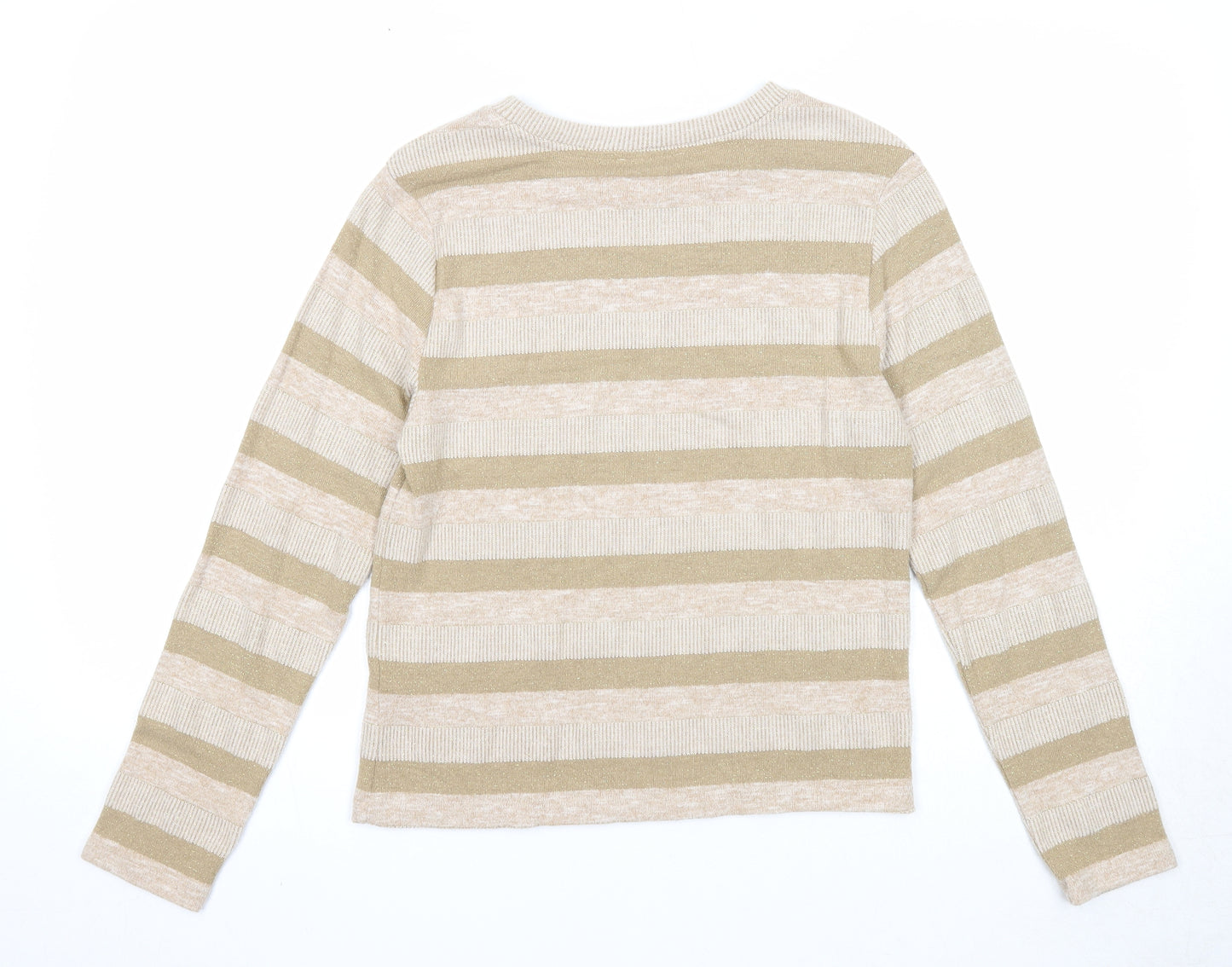 Marks and Spencer Womens Beige Boat Neck Striped Polyester Pullover Jumper Size 12