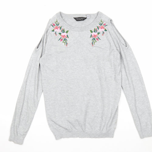 Dorothy Perkins Womens Grey Boat Neck Viscose Pullover Jumper Size 8 - Floral Detail Cold Shoulder
