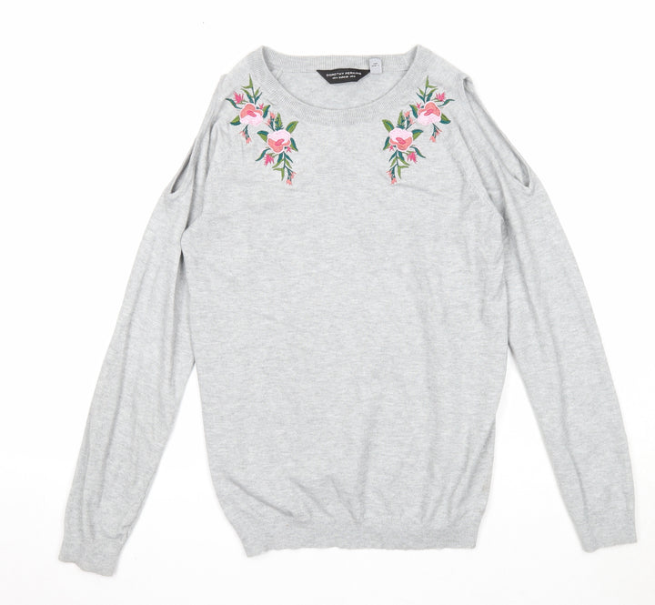 Dorothy Perkins Womens Grey Boat Neck Viscose Pullover Jumper Size 8 - Floral Detail Cold Shoulder