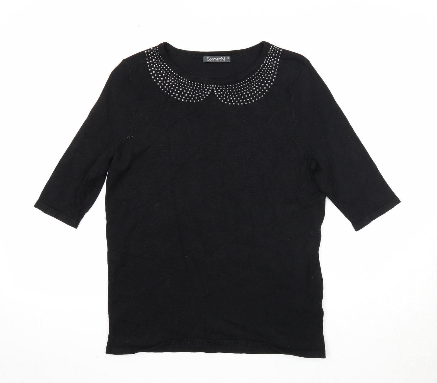 Bonmarché Womens Black Boat Neck Viscose Pullover Jumper Size S - Embellished Neckline