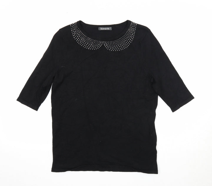 Bonmarché Womens Black Boat Neck Viscose Pullover Jumper Size S - Embellished Neckline