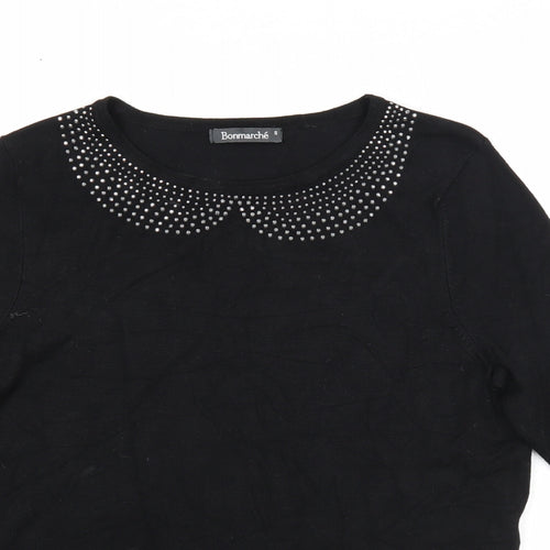 Bonmarché Womens Black Boat Neck Viscose Pullover Jumper Size S - Embellished Neckline