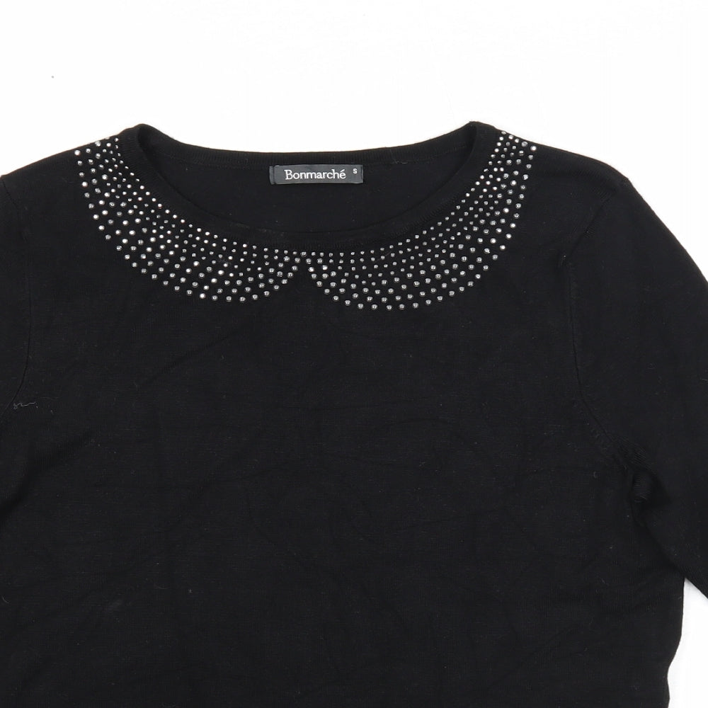 Bonmarché Womens Black Boat Neck Viscose Pullover Jumper Size S - Embellished Neckline