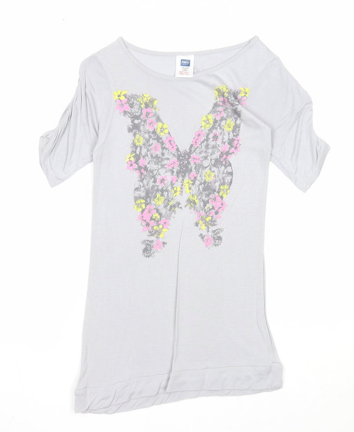 M&Co Girls Grey Viscose Basic Blouse Size 7-8 Years Round Neck Pullover - Butterfly Print