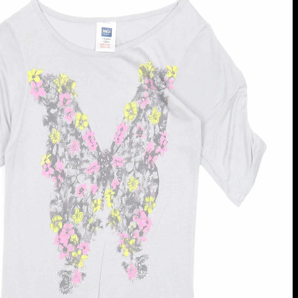M&Co Girls Grey Viscose Basic Blouse Size 7-8 Years Round Neck Pullover - Butterfly Print