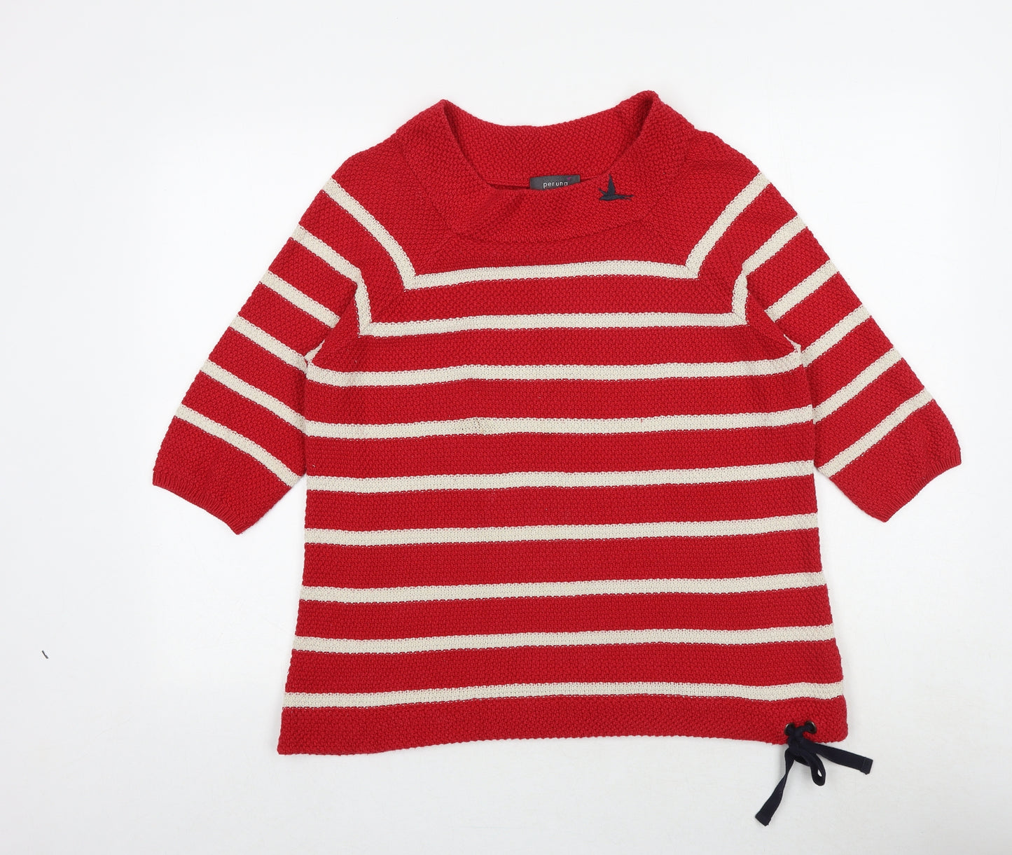 Marks and Spencer Womens Red Round Neck Striped Cotton Pullover Jumper Size 14 - Tie Detail