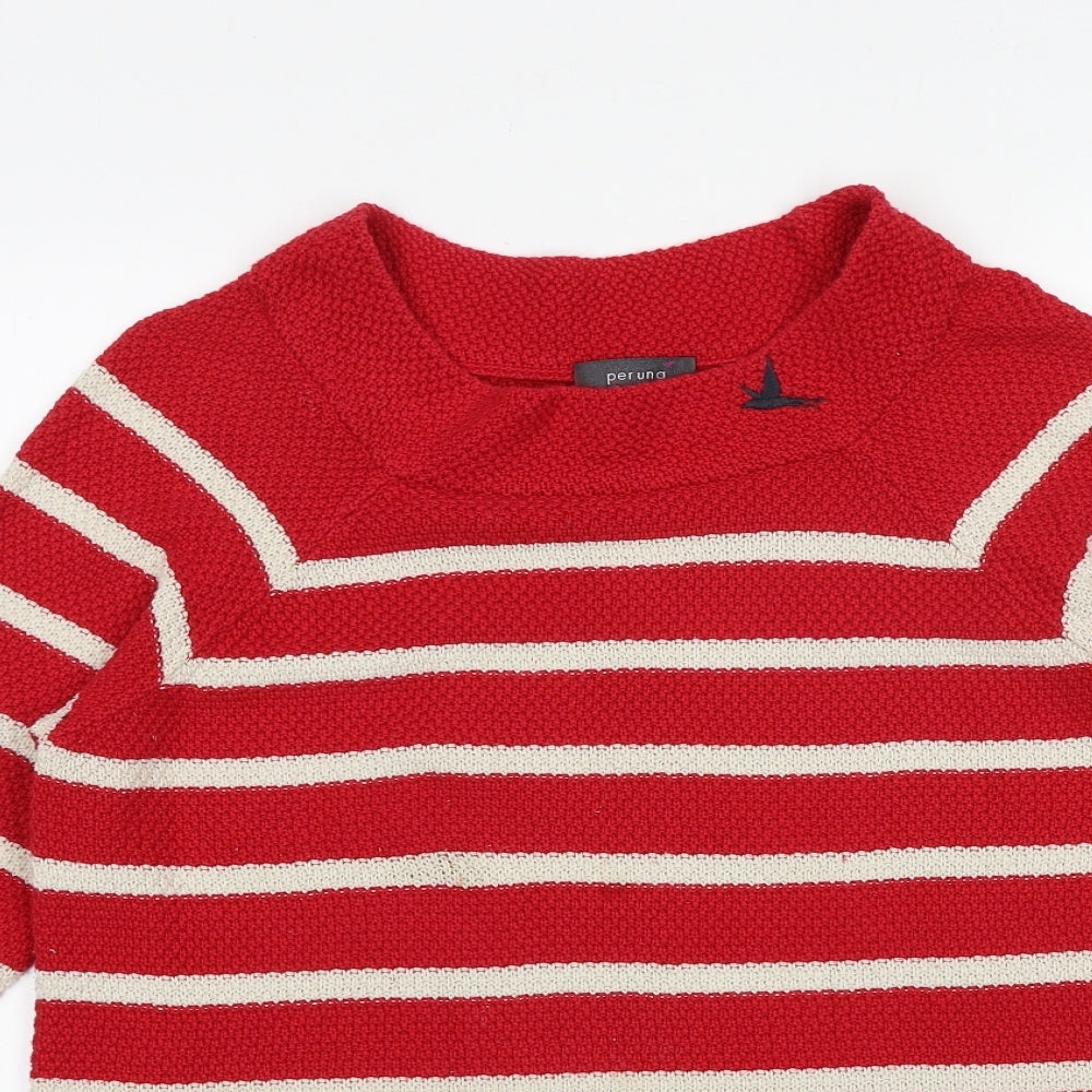 Marks and Spencer Womens Red Round Neck Striped Cotton Pullover Jumper Size 14 - Tie Detail