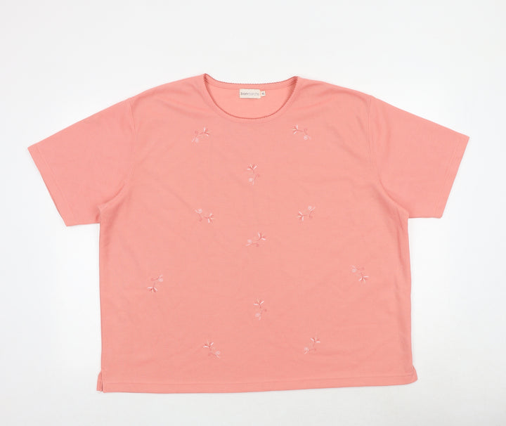 Bonmarché Womens Pink Polyester Basic T-Shirt Size XL Round Neck - Flower Detail
