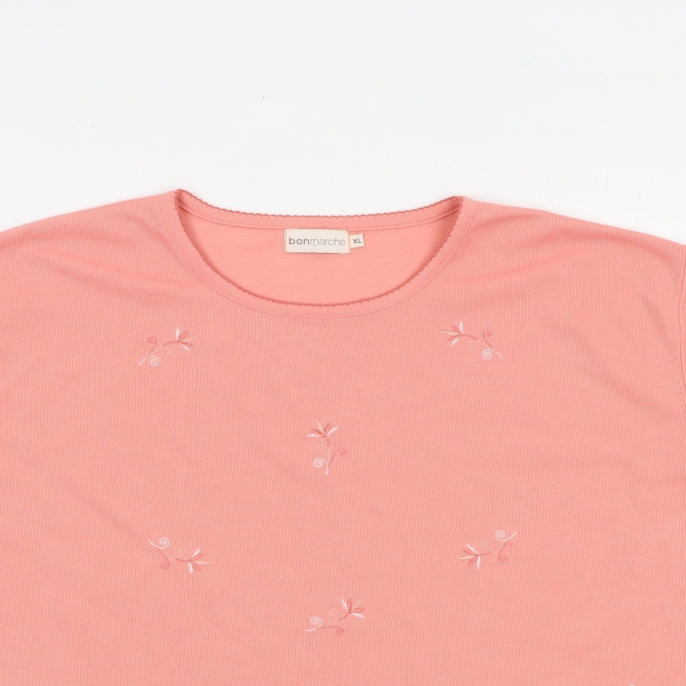 Bonmarché Womens Pink Polyester Basic T-Shirt Size XL Round Neck - Flower Detail